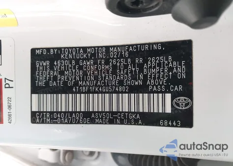 2016 Toyota Camry Xle z USA, uszkodzony, nr VIN 4T1BF1FK4GU574802